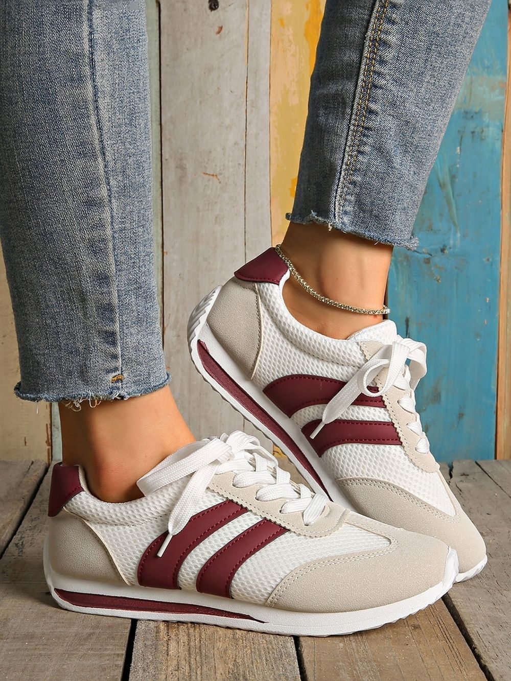 Women's White Sneakers with Burgundy Stripes Size 36(US 5.5-6)